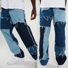 Wiaofellas Men Wash Patch Design Jeans Hip Hop Harajuku Punk Style Splicing Straight Pants Denim Jeans Loose Street Cotton Tassel Trousers Tuxedo Suit For Men, Preppy Aesthetic Outfits, Harajuku Punk, Harajuku Sweatshirt, Design Jeans, Hip Hop Jeans, Mens Suit Jacket, Moda Jeans, Pants Denim