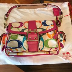 Never Worn Beautiful Color C's Coach Bag. Pink Leather, With Stitched Colorful C's, Pink Interior And Gold Finish. Designer Multicolor Shoulder Bag For Shopping, Multicolor Rectangular Coach Shoulder Bag, Multicolor Retro Coach Bag, Coach Multicolor Tote Shoulder Bag, Multicolor Coach Tote Shoulder Bag, Multicolor Coach Bags For Spring, Coach Multicolor Shoulder Bag, Multicolor Coach Satchel Bag, Multicolor Coach Shoulder Bag