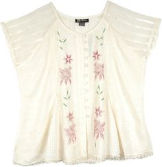 Bohemian Chic Floral Cream Top - A bright but subtle delicate floral lace endorned shirt.  The lace pattern boosts of feminine romance and dolls up a bateau-neck lace top that makes an idyllic piece of clothing. #tlb #Patchwork #Stonewash #Embroidered #Solid #Handkerchief #WesternSkirts Embroidered Shirt Outfit, White Tunic Shirt, Western Skirts, Embroidered Lace Top, Hippie Look, Trendy Skirts, Plus Size Fits, Boho Shirts, Natural Fabric