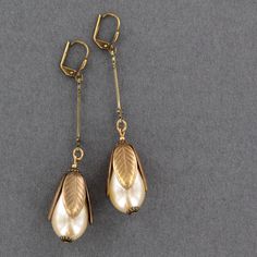 NE197-B Long Pearl Drop Earring Gold Vintage Pearl Earrings Nickel Free, Vintage Brass Pearl Drop Earrings, Vintage Dangle Pearl Earrings With Ear Wire, Pashmina Scarves, Pearl Charm Bracelet, French Wire Earrings, Glass Drop Earrings, Sea Glass Earrings, Vaseline Glass