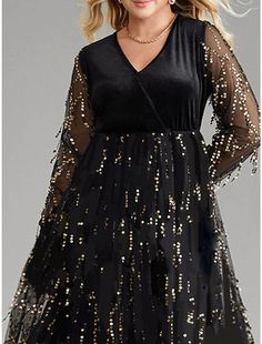 Women's Plus Size Black Dress Velvet Dress Sequin Dress Midi Dress Black Long Sleeve Pure Color Sequins Spring Fall Winter V Neck Fashion Winter Dress Wedding Guest Birthday Black Long Sleeve Dress For Celebration, Fitted Winter Celebration Dress, Black Sequined Dress For Celebration, Black Sequined Celebration Dress, Black V-neck Mini Dress For Wedding, Black Sequined Dresses For Fall, Black Sequin Dress For Banquet, Elegant Dress For Holiday Celebrations, Black Dresses For Wedding And Party Season