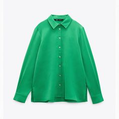 Shirt With Lapel Collar. Long Sleeves With Cuffs. Front Button Closure. Green Office Blouse With Button Cuffs, Green Blouse With Button Cuffs For Office, Green Blouse With Button Cuffs For Work, Elegant Green Zara Shirt, Classic Green Shirt With Button Cuffs, Green Button-up Shirt With Button Cuffs, Green Tops With Button Cuffs For Spring, Zara Green Blouse With Buttons, Green Collared Blouse With Button Cuffs