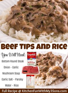 beef tips and rice on a white plate with text overlay that says beef tips and rice