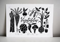 a black and white illustration of vegetables on a white background with the words vegetable written in cursive writing