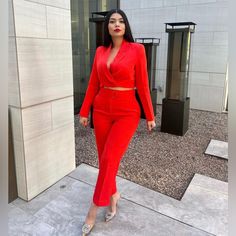 Belted High Rise Pants Chic Red Bottoms For Going Out, Red High Waist Bottoms For Going Out, Red Fitted Straight Pantsuit, Red Straight Pantsuit For Spring, Red Ankle-length Pants For Party, Red Pantsuit For Fall Party, Red Fall Pantsuit For Party, Chic Red Wide Leg Pantsuit, Red Ankle-length Party Pants