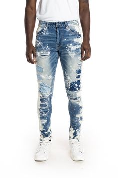 - Slim fit- 98% Cotton, 2% Spandex- Marshall blue- Heavy bleached washing- Stretchy denim fabric- Antique silver button with 'Smoke Rise' logo- Rip and Repair detail with zigzag stitches- Large amount of bleached splatters Rise Logo, Bleached Jeans, Fashion Jeans, Denim Branding, Mens Big And Tall, Denim Fabric, Jeans Style, Zig Zag, Jeans Pants