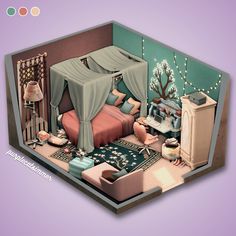 an image of a bedroom with furniture and decorations on the floor in pastel colors