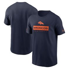 Men's Denver Broncos Nike Navy Sideline Performance T-Shirt Outdoor Sportswear Crew Neck T-shirt, Summer Jersey T-shirt With Letter Print, Outdoor Sportswear T-shirt With Go-dry Technology, Nike Moisture-wicking Sportswear T-shirt, Outdoor Sportswear Tops With Letter Print, Athleisure Letter Print Tops For Outdoor, Nike Team Spirit Graphic T-shirt, Nike T-shirt With Graphic Print For Team Spirit, Blue Sportswear T-shirt With Letter Print