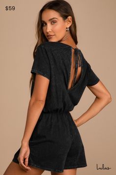 The Lulus Casual Cutie Washed Black Short Sleeve Romper is the easiest way to look cute this season! Garment-washed cotton jersey knit shapes this romper that has a V-neckline, short sleeves, and a blousy bodice with a back keyhole and tying closure at the neck. An elasticized waist tops flowy shorts to complete the look. Fit: This garment fits true to size. Length: Above mid-thigh. Size medium measures 32" from shoulder to hem. Inseam: 3.00 Front Rise: 12.00 Bust: Great for any cup size. Waist: Jumpsuit Outfit Casual Summer, Short Jumpsuit Outfit, Jumpsuit Outfit Casual, Romper For Women, Lulu Shorts, Jumpsuit Outfit, Flowy Shorts, Short Sleeve Romper, Short Jumpsuit