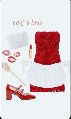 a woman's red and white outfit with accessories