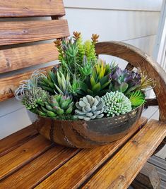 a potted plant sitting on top of a wooden bench with succulents in it