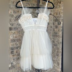 Adorable Cream Cocktail Dress. Perfect For Bride To Be! Fun And Flirty Cut With Floral Embellishments Size Small. Never Been Worn, Tag Still Attached. Dress With V Neck, Bride To Be, Tiered Dress, Cream White, Embellishments, Cocktail Dress, Mini Dress, Size Small, V Neck