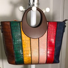 Good Condition High Fashion Handbags Brand New Size Medium Material Faux Vegan Leather Bag-Wallet Set Wooden Round Top Handle 2 In 1 Satchel Trendy Leather Wallets For Shopping, Multicolor Handheld Hobo Bag For Everyday Use, Multicolor Leather Wallet For Everyday Use, Multicolor Leather Wallets For Daily Use, Multicolor Leather Wallets For Everyday Use, Multicolor Leather Rectangular Wallet, Multicolor Rectangular Clutch With Detachable Handle, Rectangular Multicolor Clutch With Detachable Handle, Multicolor Leather Wallets