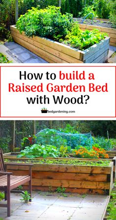 a raised garden bed with wood in the middle and an image of a wooden bench