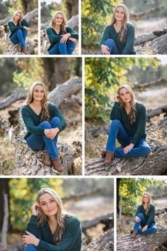 a woman sitting on top of a tree branch in the middle of four different pictures