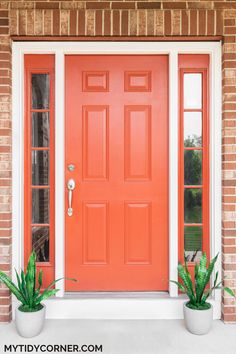 an orange front door with two potted plants