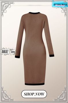 Long Sleeve Elegant Color Block Midi Dress Brown Knee-length Bodycon Winter Dress, Brown Knee-length Winter Bodycon Dress, Winter Workwear Sheath Bodycon Dress, Elegant Brown Bodycon Dress For Fall, Beige Winter Office Dress, Brown Long Sleeve Bodycon Dress For Winter, Elegant Brown Knee-length Sweater Dress, Winter Bodycon Office Dress, Winter Sheath Midi Dress