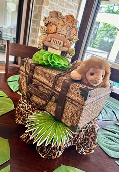 a teddy bear sitting on top of a suitcase