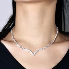 Wedding Jewelry - Crystal V-Shaped Bridal Necklace Silver Necklaces Simple Classy, Simple Jewelry Earrings, V Shaped Necklace, Silver Necklace Simple, Crystal Wedding Jewelry, Formal Jewelry, Fancy Necklace, Minimal Necklace, Long Drop Earrings