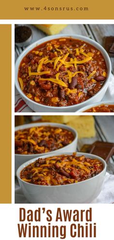 two pictures of chili with cheese on top and the words dad's award winning chili