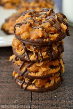 chocolate covered cookies stacked on top of each other