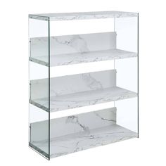 three tiered marble display case with glass shelves