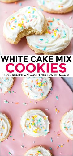 white cake mix cookies with frosting and sprinkles on a pink tray