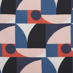 an abstract painting with blue, red and black shapes on it's fabric background