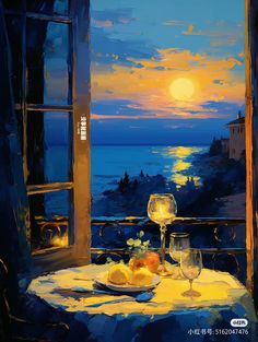 an oil painting of a table with food and wine on it, overlooking the ocean