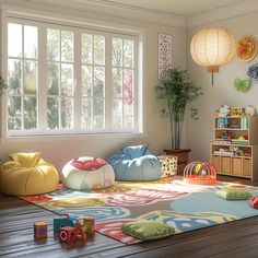 a child's playroom with toys, bookshelves and rugs on the floor