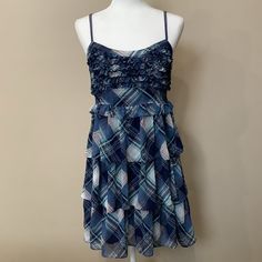 Mm Couture By Miss Me Blue Plaid Dress Nwt Ruffles On Chest Zipper Closure Up Side %100 Polyester Blue Fitted Lined Sundress, Blue Lined Midi Sundress, Blue Lined Dress For Dress Down Occasions, Casual Blue Lined Dress, Blue Lined Midi Length Mini Dress, Blue Lined Midi Dress, Blue Lined Mini Dress Midi Length, Blue Midi Length Mini Dress With Lining, Blue Lined Mini Dress For Casual Occasions