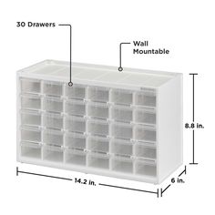 a large plastic storage box with drawers and measurements