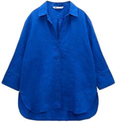 Oversized Blue Top With Placket, Blue Tops With Placket And Shirttail Hem, Blue Linen Top With Buttons, Chic Blue Shirt With Collared Neckline, Blue Linen Button Blouse, Linen V-neck Shirt With Buttons, Blue Linen Button-up Tops, Oversized Zara Top With Button Closure, Zara Linen V-neck Blouse