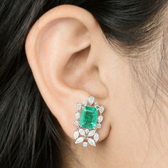 Natural Zambian Emerald H/SI Diamond Stud Earrings 18k White Solid Gold 6.00 Tcw Emerald Stud Earrings, Diamond Jewelry Earrings, White Gold Earrings Studs, Emerald Earrings Studs, Emerald Bead, Zambian Emerald, White Gold Earrings, White Solid, Diamond Stud Earrings