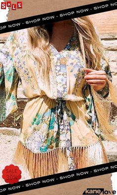 Print Tassels Flares Sleeve Mini Dress Bohemia Dress, Floral Print Kimono, Hippie Dress, Boho Mini Dress, Trendy Swimwear, Boho Green, Kimono Dress, Kimono Sleeve, Cheeky Bikinis