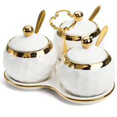 PRICES MAY VARY. ZENFUN set of 3 White and Gold Porcelain Seasoning Boxes with spoons, 3.7’’ H x 3.7’’ D, Modern Spice Box Jars, Spice Storage Canisters, a must-have in your daily life. Premium Quality: ZENFUN round seasoning box is made of durable ceramic, will not crack easily, contains no harmful chemicals, and the smooth surface of our condiment Jars are easy to clean. Thoughtful Design: Our ceramic pottery cruet pots set is equipped with a exquisite porcelain tray and removable lids, organi Salt Container, Porcelain Tray, Spice Storage, Spice Containers, Spice Box, Spice Organization, Home Decor Vases, Silver Art, Spice Jars