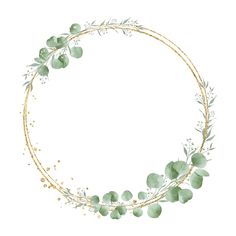 a circular frame with green leaves and gold glitters on the edges, in the shape of a circle