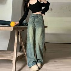 size: L, color: Retro Blue High Rise Boyfriend Jeans, Retro Fashion Women, Perfect Fall Outfit, 90s Baggy, Stylish Fall Outfits, Jean Vintage, Casual Wide Leg Pants, Retro Mode, Blue Trousers