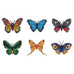 cross stitch butterfly patterns in different colors and sizes, including one blue, the other red