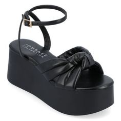 Our Lailee sandals from Journee Collection will give you the style and comfort you need in one. With fabric uppers, platform heel, crisscross details, and 4 mm Tru Comfort Foam insole, you'll find yourself wearing them with everything. Their open round-toe shape makes for the perfect finishing touch to compliment any and all of your outfits. | Journee Collection Women's Lailee Sandals, Black, 9.5M Platform Sandals Black, Fashion Shoes Sandals, Open Toed Heels, Black Wedge Sandals, Round Toe Heels, Platform Heel, Platform Wedge Sandals, Find Yourself, Platform Wedge