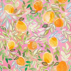 an orange pattern on a pink background with green leaves and fruit in the center,