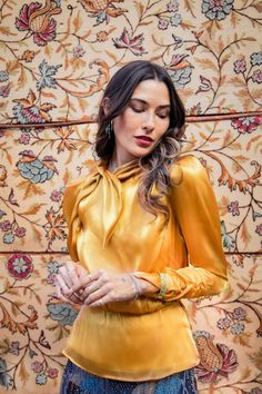 Zadi Organza Blouse in Autumnal Ochre - Eva Franco Fall Fashion Casual, Fashion Casual Outfits, Winter Sweater Outfits, Organza Blouse, Statement Sleeves, Fall Outfits For Work, Winter Outfits For Work, Peplum Blouse, Satin Blouse