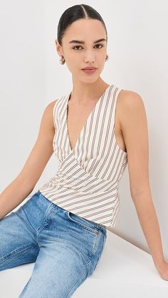 Shopbop - Designer Clothing, Shoes & Accessories Striped Stretch Tops For Work, Chic Fitted Striped Tops, Stretch Striped Tops For Work, Chic Fitted Top With Vertical Stripes, Chic Fitted Tops With Vertical Stripes, Chic Fitted Vertical Stripes Tops, Vertical Stripes V-neck Tops For Workwear, Chic Striped Cotton Tops, Fitted Tops With Vertical Stripes For Summer