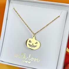 Elevate your Autumn jewellery and add some halloween spirit with our pumpkin pendant necklace. Whether you are updating your autumn accessories or adding a little "halloween" to your outfit, then our stainless steel pumpkin necklace will be a talking point. Available in Silver and gold plated stainless steel. Waterproof and easy to take care of. Necklace length is adjustable from 16" to 18". Comes complete with a free gift box. Gold Necklace For Halloween Party, Novelty Halloween Party Necklaces, Gold Halloween Party Jewelry, Halloween Novelty Necklaces As Gift, Handmade Halloween Pendant Necklace, Orange Novelty Jewelry For Gifts, Halloween Party Pendant Jewelry, Orange Novelty Jewelry For Gift, Novelty Orange Jewelry For Gift