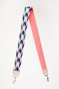 Pink with green and blue design webbing crossbody strap with a cream end color folded in half Thick Strap Crossbody Bag, Work Bag Essentials, Leather Strap Bag, Waxed Canvas Bag, Leather Makeup Bag, Guitar Straps, 2 Letter, Green Chevron, Letter Monogram