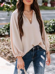 Long Sleeves Loose Elasticity Pleated Ruffle Trim Solid Color Deep V-Neck T-Shirts Tops WHITE-XL V-neck Solid Color Tops For Brunch, Pleated Fabric Top, Puff Sleeves Tops, Cheap Summer Dresses, Aesthetic Dress, Cheap Dresses Online, Leisure Fashion, Womens Long Sleeve Shirts, Long Puff Sleeves