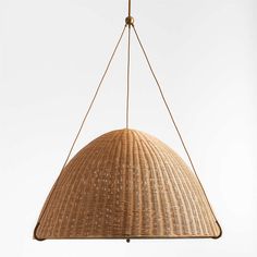 a light hanging from a ceiling fixture made out of wicker and metal wire, with a white background