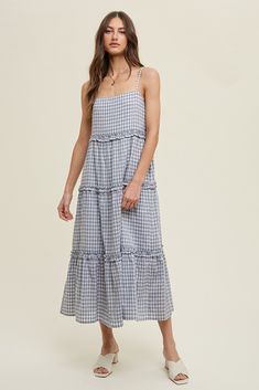 Blue Gingham Ruffle Tiered Midi Dress– PinkBlush Gingham Dress With Ruffled Hem And Straps, Plaid Ruffled Dress For Picnic, Gingham Dress With Ruffled Straps And Details, Gingham Dress With Ruffled Straps And Ruffles, Gingham Plaid Dress With Ruffles For Day Out, Picnic Plaid Midi Dress With Ruffles, Plaid Midi Dress With Ruffles For Picnic, Gingham Tiered Ruffle Dress, Gingham Tiered Dress With Ruffles