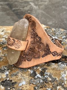 Druid Leather Cuff, Tooled Leather, Raw Smoky Quartz Crystal, Western, Celtic Cowboy Jewelry, Cowboy Fashion, Red Coral Jewellery, Modern Cowgirl, Cowgirl Accessories, Wolf Jewelry, Celtic Design, Southwest Jewelry, Smoky Quartz Crystal