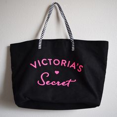 Victoria Secret Beach Tote Bag Never Used Black With Hot Pink Writing Black And White Straps Black And White Striped On The Inside Approx. 16”L 13”H 6” W Chic Victoria's Secret Beach Bag, Trendy Victoria's Secret Black Bag, Fringe Tote Bag, Gold Tote Bag, Victoria Secret Tote Bags, Black Faux Leather Jacket, Grey Tote, Pink Tote, Black Tote